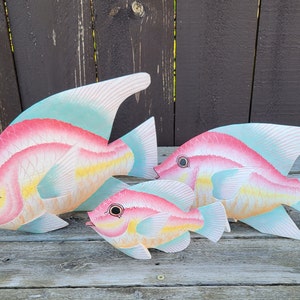 Wooden Tropical Fish Art Sculptures, Set of 3, Made in Indonesia, Handcarved and Handpainted, Pastel Caribbean Marine Decor, Nautical Decor