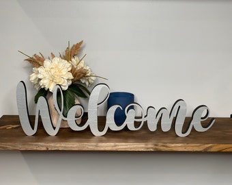 Welcome freestanding wood sign, desk decor, shelf decor, 3d sign, entryway decor, mantle decor, tabletop decor, 5 sizes available