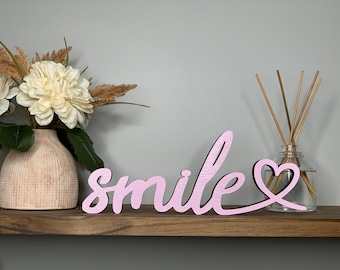 smile with a heart freestanding wood sign, shelf sign, desk sign, 3d sign, tabletop decor, floating shelf decor, 5 sizes available