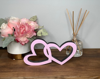 hearts freestanding wood sign, shelf, tabletop, mantel, wedding bridal shower, different colors, sweetheart table, 5 sizes available