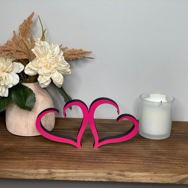 2 connected hearts freestanding wood sign, shelf, tabletop, mantel, wedding bridal shower, sweetheart table, 5 sizes available