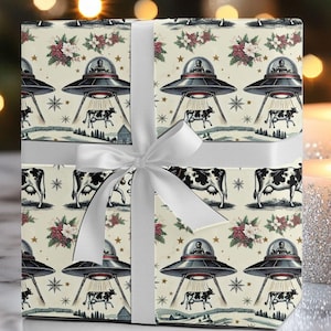 UFO Wrapping Christmas Paper Cow Gift Wrap Christmas Holiday Paper UFO