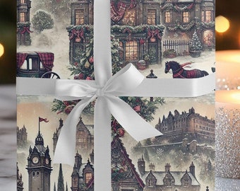May include: A white gift box with a white ribbon and bow. The box is wrapped in paper with a vintage Christmas scene of a snowy town with buildings, trees, and a horse-drawn carriage.