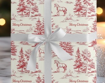 Horse Wrapping Paper, Red Toile Merry Christmas Gift Wrap, Equestrian Holiday Roll, Horse Lover Present Paper