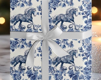 Horse Wrapping Paper, Blue Toile Clydesdale Christmas Gift Wrap, Heavy Horse Holiday Paper, Equestrian Gift Wrap Roll