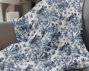 English Bulldog Blanket Blue Toile Bulldog Mom Gift, Cozy Pet Throw Retro French Country Home Decor, Bulldog Housewarming Christmas Gift