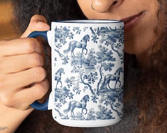 Horse Toile Mug Retro French Equine Coffee Cup Elegant Equestrian Gift for Horse Lovers Blue and White Chinoiserie Mug Gift for Mom Friend