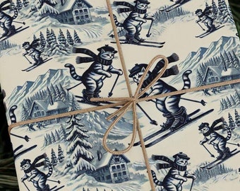 Skiing Cat Wrapping Paper Christmas Cat Alpine Skiing Gift Wrap Elegant Blue Toile Holiday Paper