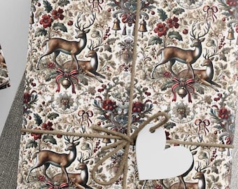 Toile Reindeer Christmas Wrapping Paper Festive Holiday Gift Wrap Christmas Tree Wrap Cute Gift Paper