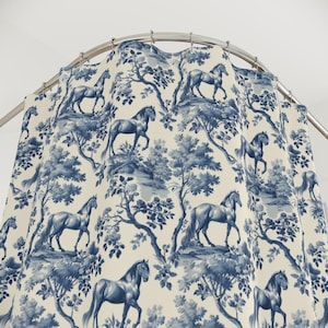 Chic Blue Toile de Jouy Equestrian Decor Shower Curtain, Horse Lover Zen-Inspired Bosporus Earthy Bathroom, Equestrian Home Decor Gift