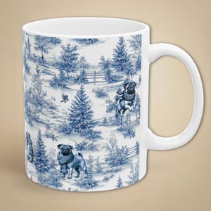 Pug Mug Dog Mom Gift Blue and White Toile Coffee Cup for Pug Lover Chinoiserie Style Funny Dog Dad Present Grandmillennial Decor