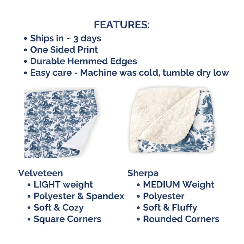 May include: Two images of a blue and white patterned throw blanket. The first image shows the blanket in a velveteen fabric with square corners. The second image shows the blanket in a sherpa fabric with rounded corners. The text "FEATURES:" is at the top of the image. The text "Velveteen" and "Sherpa" are below the images. The text "LIGHT weight" and "MEDIUM Weight" are below the fabric names.