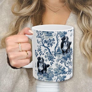 Berner sennenhundmugg Berner blå och vit toilemugg elegant hundälskare present Berner mamma kaffekopp fransk lantlig stil retro blommig bild 2