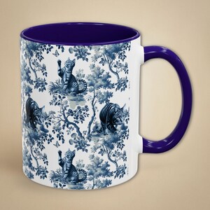Tabby Cat Toile Mug Mom Gift Blue French Country Ceramic Coffee Cup Retro Chinoiserie Tea Mug Crazy Cat Lady Home Decor Present for Her