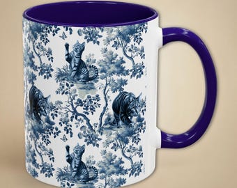 Taza de Toile de Gato Atigrado, Regalo para Mamá, Taza de Café de Cerámica Azul de Estilo Francés, Taza de Té Chinoiserie Retro, Regalo para la Mujer Loca de los Gatos, Decoración del Hogar, Regalo para Ella