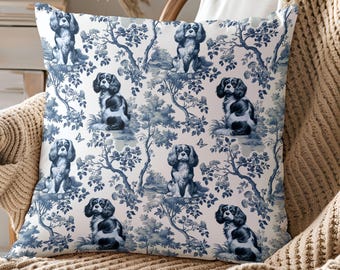 Cavalier King Charles Spaniel Pillow Cover, Toile Decorative CKCS Lover Accent Cushion, Chinoiserie Dog Home Decor Housewarming Gift