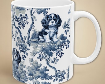 Cavalier King Charles Spaniel Mug for Dog Mom Gift, French Toile CKCS Lover Ceramic Tea Cup, Blue White Chinoiserie Coffee Cup