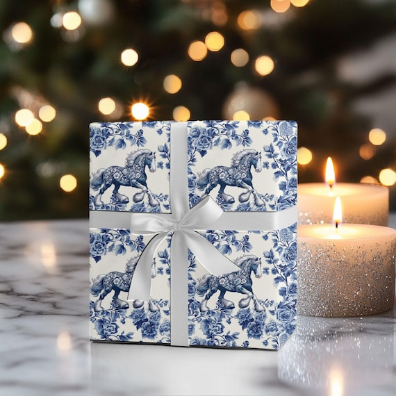 Horse Wrapping Paper Blue Toile Equestrian Christmas Gift Wrap Heavy Horse Unique Holiday Clydesdale Gift Wrap