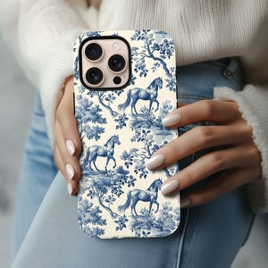 Horse Phone Case Blue Toile Equestrian Protective Cover for iPhone 17 16 15 14 Samsung 25 24 23 Pixel 9 8 Models