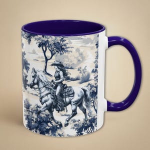 Western Horse Mug Blue Toile Cowgirl Barn Mom Coffee Cup Equestrian Gift for Wild West Lover Farmhouse French Country Home Decor for Rodeo