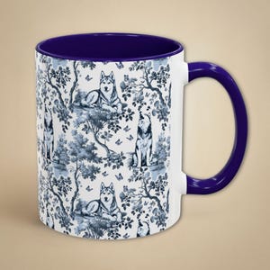 Siberian Husky Toile Mug, Retro Blue and White Coffee Cup Dog Lover Gift, Husky Mom French Country Tea Mug, Housewarming gift for friend