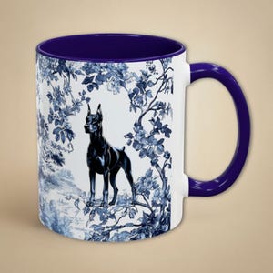 Doberman Mug for Dobie Mom Blue Toile Dog Pattern Chinoiserie Coffee Cup Gift for New Puppy Owner Dog Lover or Pet Parent Coffee Cup
