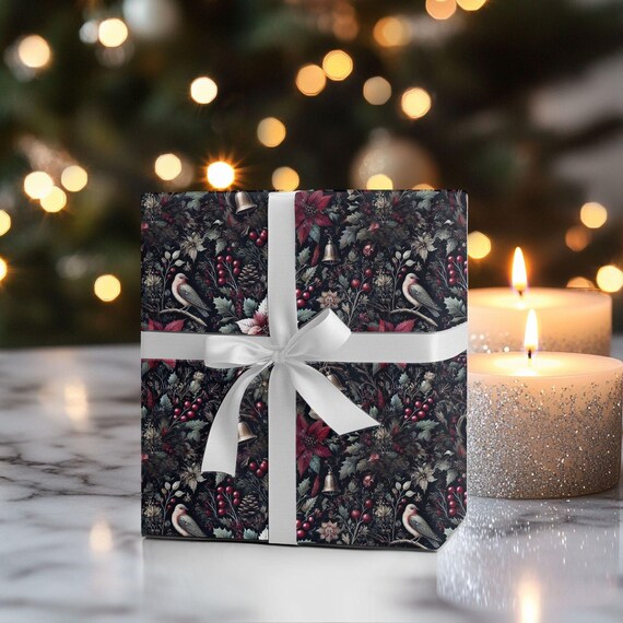 Cardinal Bird Christmas Wrapping Paper Roll, Floral Toile Holiday Gift Wrap, Rustic Victorian Christmas Paper Winter Gift Wrap