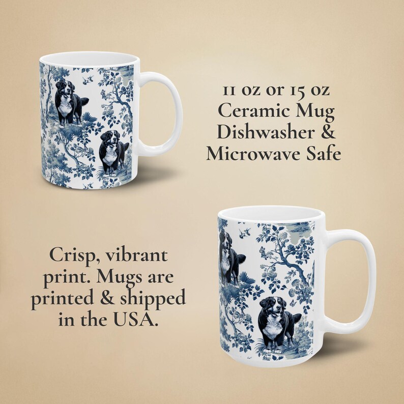 Berner sennenhundmugg Berner blå och vit toilemugg elegant hundälskare present Berner mamma kaffekopp fransk lantlig stil retro blommig bild 6