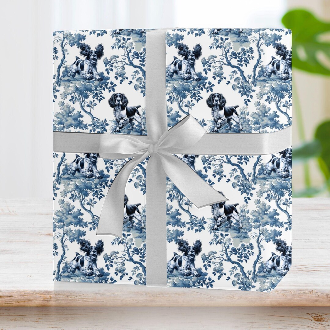English Springer Spaniel Wrapping Paper Roll Blue Toile Dog Gift Wrap ...