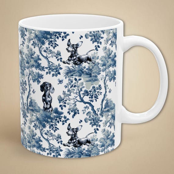 Dachshund Mug Gift for Wiener Dog Mom, Toile Sausage Dog Coffee Lover Tea Cup, Blue and White Chinoiserie Weenie Puppy Present for Doxie Mom