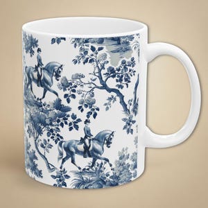 Horse Toile Mug Retro French Equine Coffee Cup Elegant Equestrian Gift for Horse Lovers Blue and White Chinoiserie Mug Gift for Mom Friend