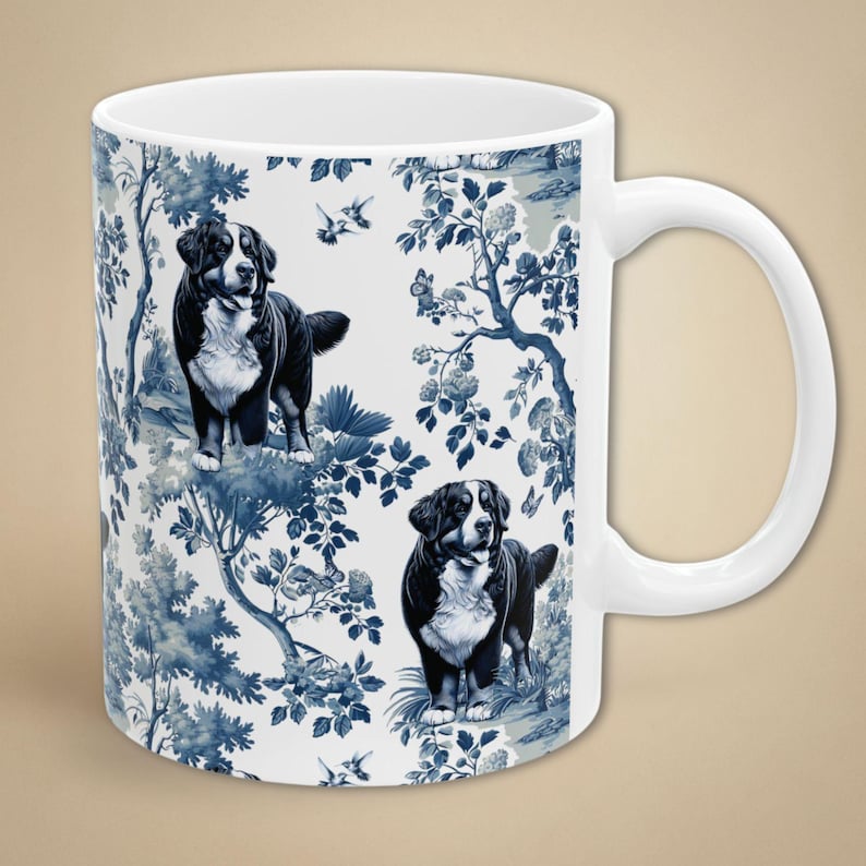 Berner sennenhundmugg Berner blå och vit toilemugg elegant hundälskare present Berner mamma kaffekopp fransk lantlig stil retro blommig bild 1