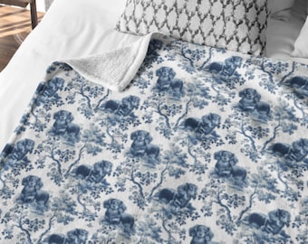 Dachshund Blanket Gift for Long haired Wiener Dog Mom, Toile Sausage Dog Lover Cozy Fleece Throw, Chinoiserie Sherpa Weenie Puppy Present