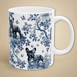 French Bulldog Mug Blue and White Toile Mug Frenchie Mom Coffee Cup Dog Lover Gift Retro Inspired Drinkware Elegant French Style Cup