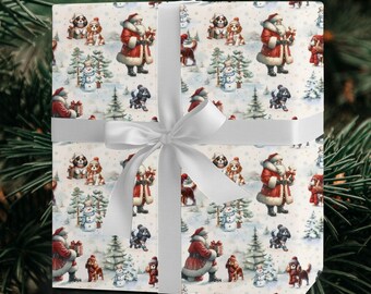 May include: Wrapped gift with white ribbon and bow. The wrapping paper features a festive pattern of Santa Claus, dogs, snowmen, and Christmas trees on a snowy background. The overall color scheme is red, white, and green.