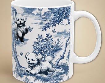 Bichon Frise-mugg elegant toile blåvit keramikkaffekopp ny hundmammapresent, fransk lantlig köksinredning, husdjursförälder inflyttningspresent
