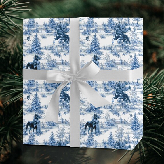 Doberman Wrapping Paper Toile Christmas Dog Holiday Gift Wrap for Dobie Mom, Dog Lover Birthday Xmas Wrapping Paper Roll
