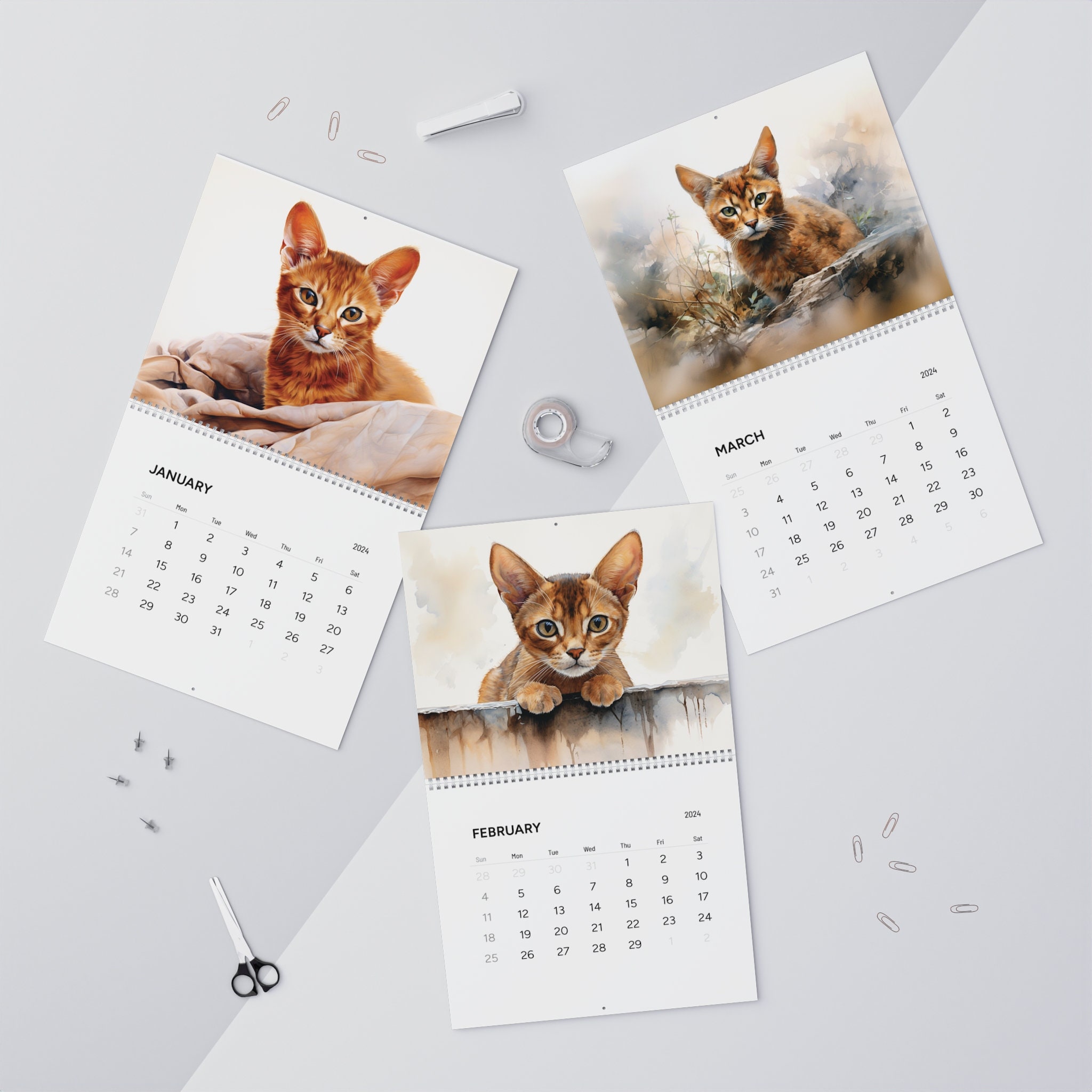 Abyssinian Cat Watercolor 2024 Calendar, 2024 Wall Calendar, 20242025