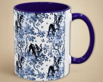 Boston Terrier Mug Blue Toile Coffee Cup Boston Mom Gift, Retro French Country Cottagecore Ceramic Tea Cup Housewarming Gift for her