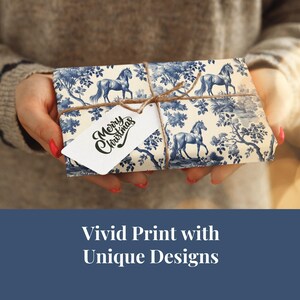 May include: Blue and white patterned gift wrap with a horse design and the text "Merry Christmas".