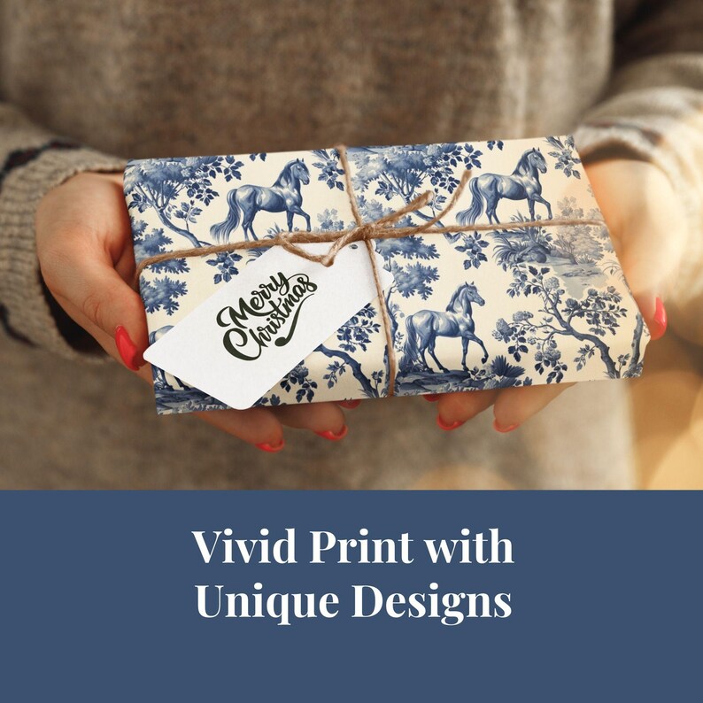 May include: Blue and white patterned gift wrap with a horse design and the text "Merry Christmas".