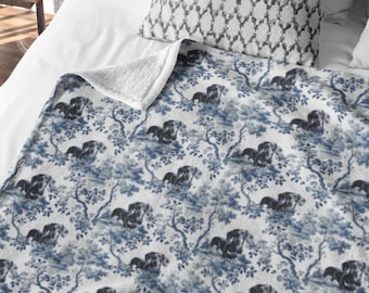 Dachshund Blanket Gift for Wiener Dog Mom, Toile Sausage Dog Lover Cozy Fleece Throw, Blue White Chinoiserie Sherpa Weenie Puppy Present