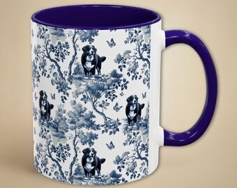 Berner sennenhundmugg present till Berner mamma, elegant blå toile-present till hundälskare, Berner mammakaffekopp fransk lantlig stil retro blommig