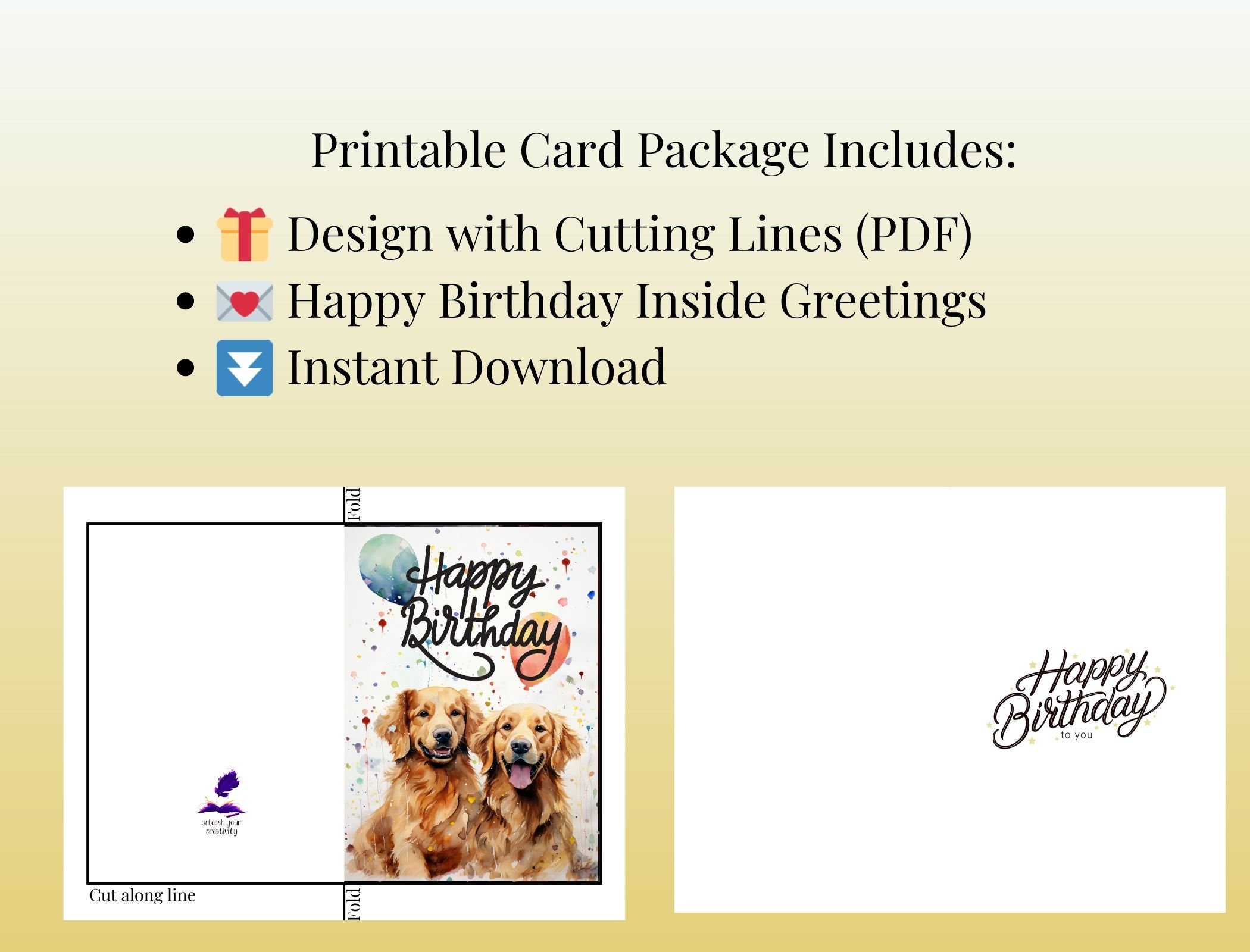 Golden Retriever Printable Birthday Card, Cute 5 X 7 Foldable Pet ...