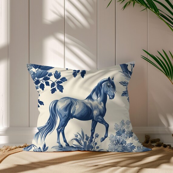 Throw Pillow Cover Blue Toile Equestrian Horse Print Accent Pillow Decorative Cushion Cover Floral Western Home Decor Pillow Horse Gifts
