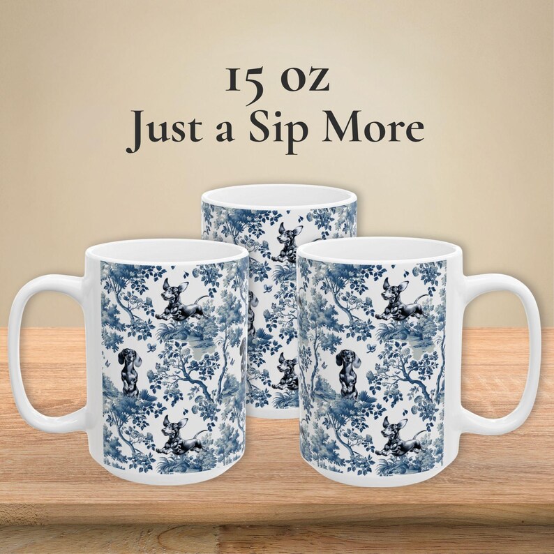 Taza de regalo con diseño de perro salchicha para mamá de perro salchicha, taza de té con estampado de perro salchicha y toile, regalo azul y blanco con diseño chinoiserie para mamá de perro salchicha. 15oz