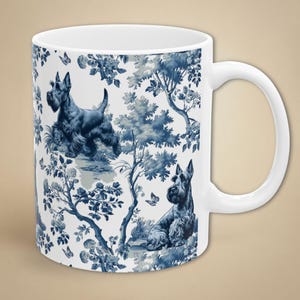 Scottish Terrier Mug Scottie Dog Mom Gift, Toile Highland Terrier Coffee Mug, Blue Chinoiserie Ceramic Tea Cup for Her, Housewarming Wedding