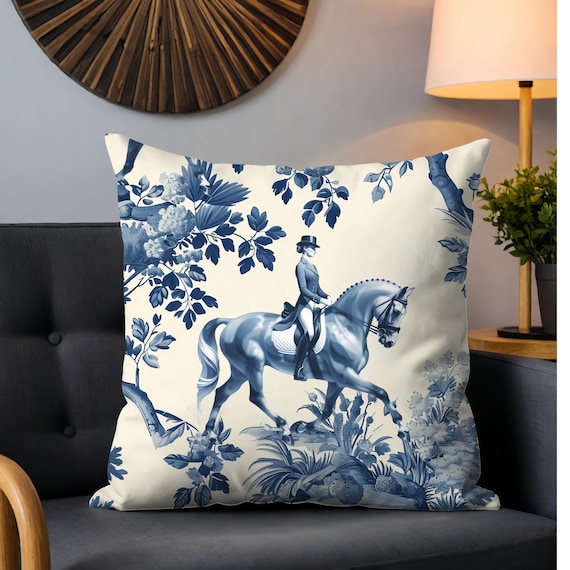 Throw Pillow Cover Blue Toile Equestrian Horse Print Accent Pillow Decorative Cushion Cover Floral Western Home Decor Pillow Horse Gifts