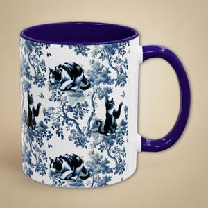Tuxedo Cat Toile Mug Cat Mom Gift Blue French Country Ceramic Coffee Retro Chinoiserie Tea Mug Black White Cat Lover Present for Her