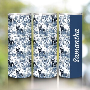 Personalized Frenchie Tumbler Blue Toile French Bulldog Gift for New Dog Mom or Dad Insulated Travel Cup Custom Frenchie Drinkware with Lid
